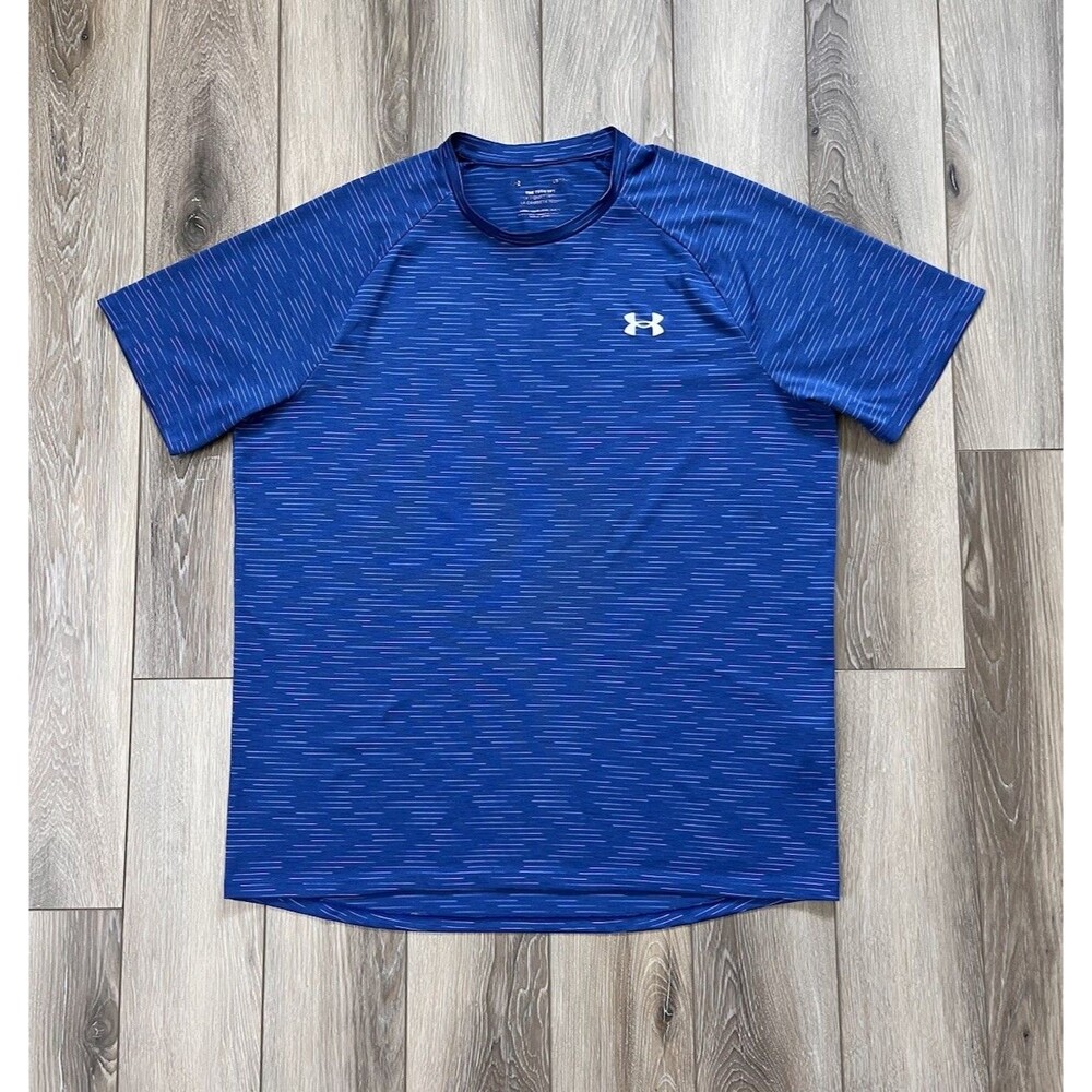 Under Armour The Tech Tee Blue Striped Athletic Short Sleeve Shirt Mens Sz Large